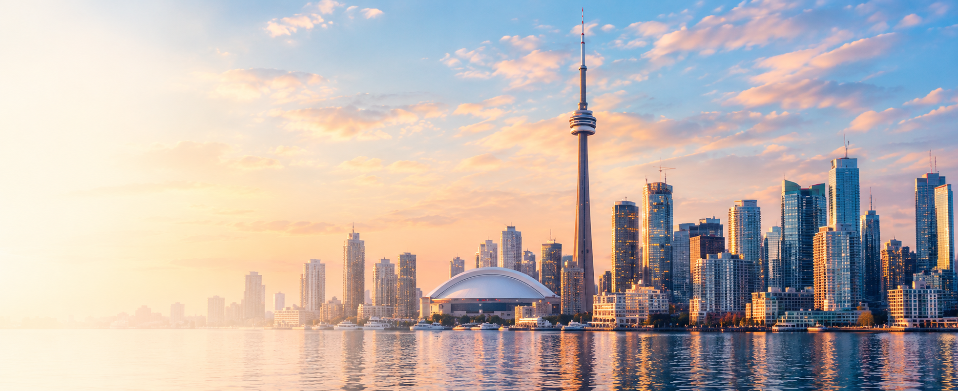 Toronto skyline and the CN Tower above the waterfront in warm daylight