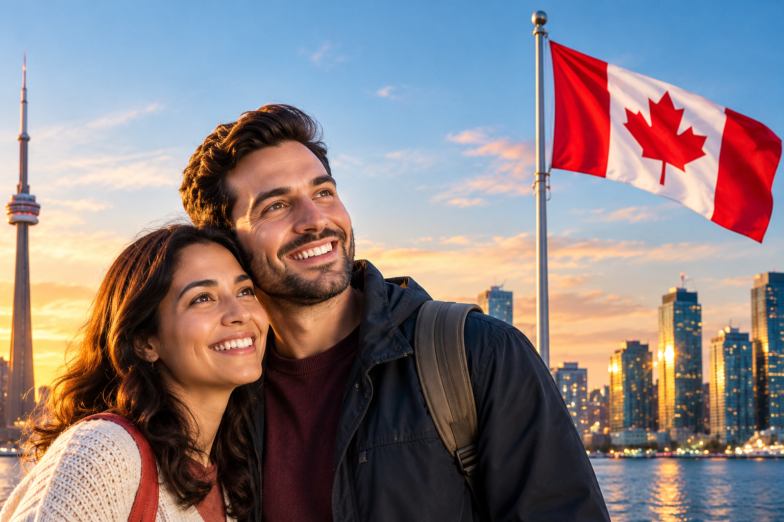 A happy couple beside Toronto's waterfront, with the skyline and Canadian flag behind them